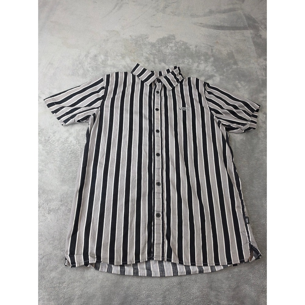 Vans Mens Short Sleeve Striped Button Down Shirt Classic Fit Black Grey Small